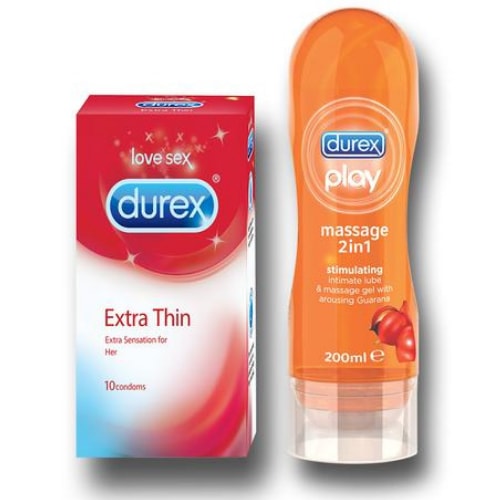 Durex Extra Thin Condoms and Stimulating 200ml Combo Pack